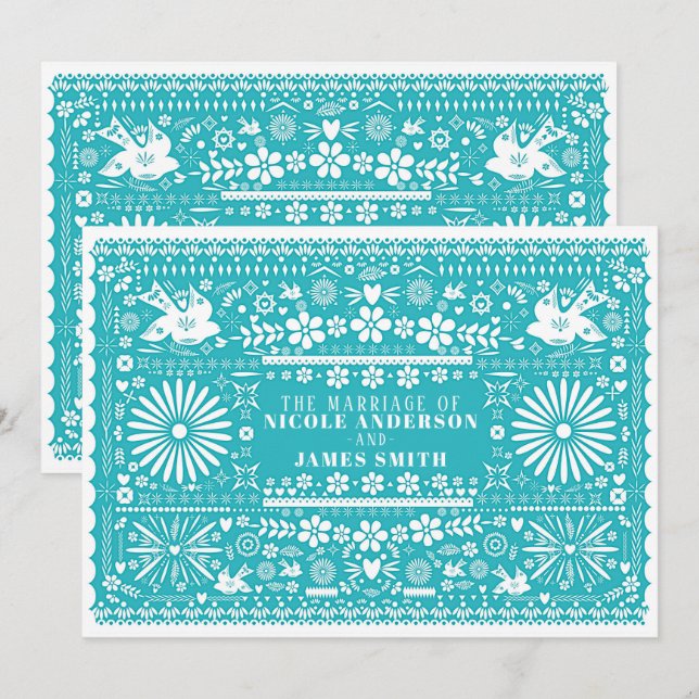 Mexican Picado Cut Turquoise Teal Wedding Marriage Invitation (Front/Back)