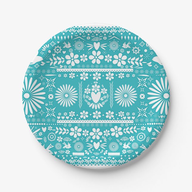 Mexican Picado Cut Turquoise Teal Wedding Marriage Paper Plate (Front)