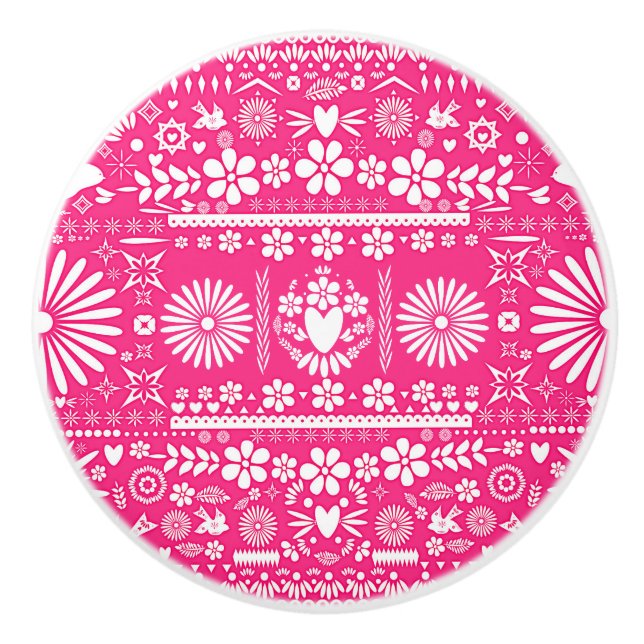 Mexican Picado Hot Pink White Paper Spanish Ceramic Knob (Front)