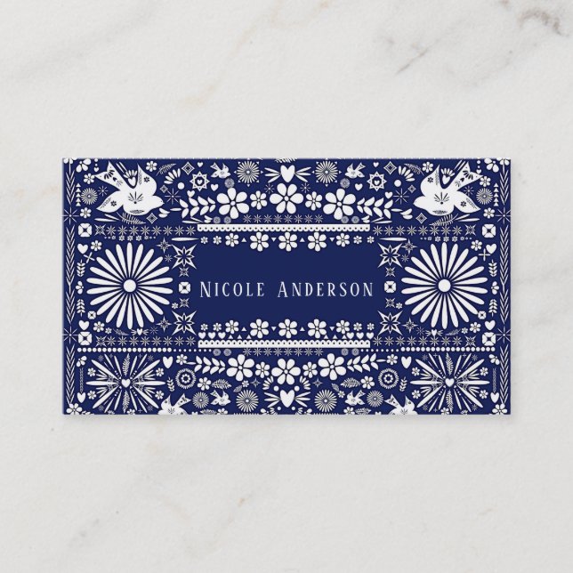 Mexican Picado Navy Blue White Cut Paper Papel Business Card (Front)