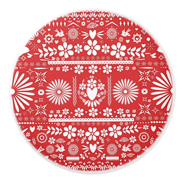 Mexican Picado Red & White Cut Papel Paper Spanish Ceramic Knob (Front)