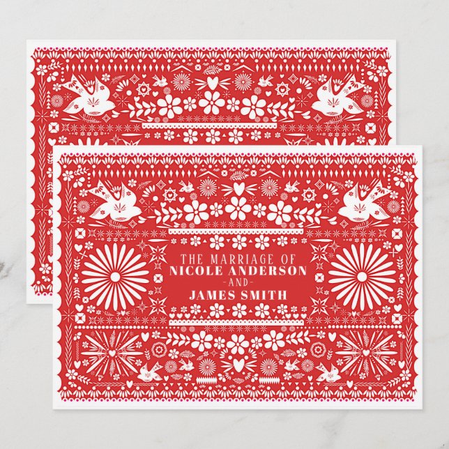 Mexican Picado Red & White Paper Wedding Marriage Invitation (Front/Back)