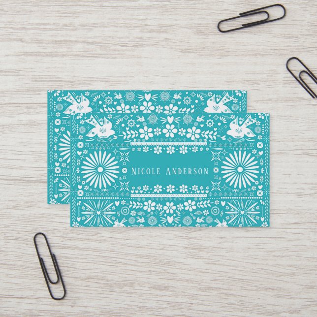 Mexican Picado Turquoise Teal Cut Paper Papel Business Card (Front/Back In Situ)