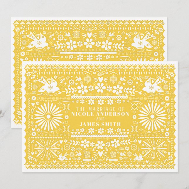Mexican Picado Yellow White Paper Wedding Marriage Invitation (Front/Back)