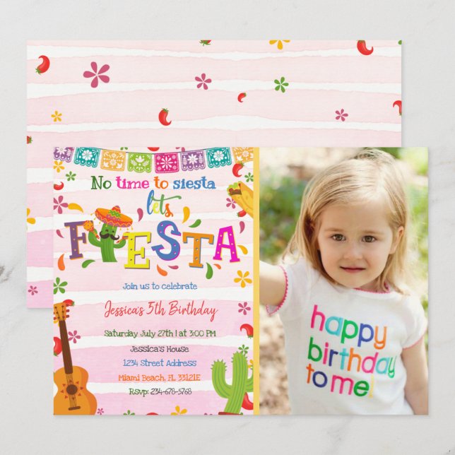 Mexican Pink Fiesta Birthday Invitation With Photo (Front/Back)