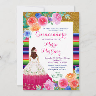 Mexican Pink Girl Gold Quinceañera Birthday Invitation