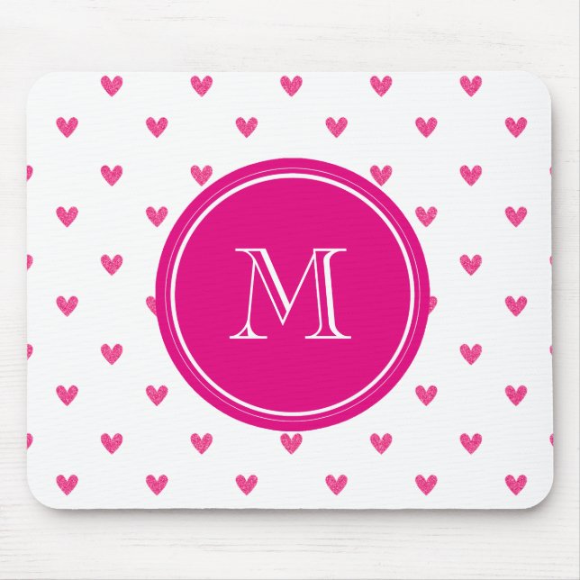 Mexican Pink Glitter Hearts with Monogram Mouse Mat (Front)