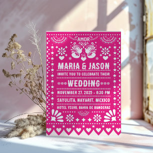Mexican Pink Papel Picado Fiesta Folk Art Wedding Invitation
