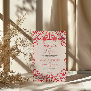 Mexican Pink Red Floral Elegant Aesthetic Wedding Invitation