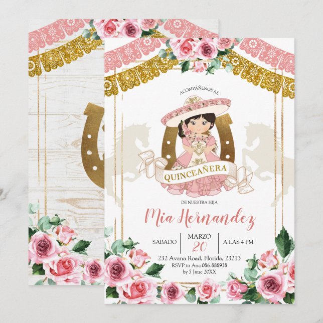 Mexican Pink Rose Charra 15th Birthday Invitation (Front/Back)