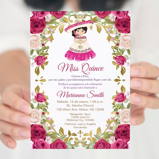 Mexican Pink Roses Flowers Quinceanera  Invitation (Creator Uploaded)