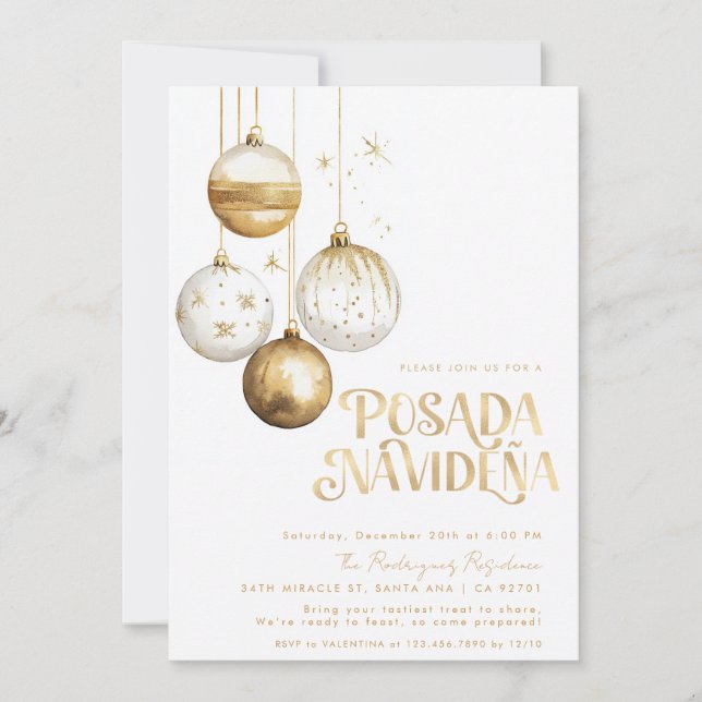 Mexican Posada Navideña Gold White Ornaments Invitation (Front)