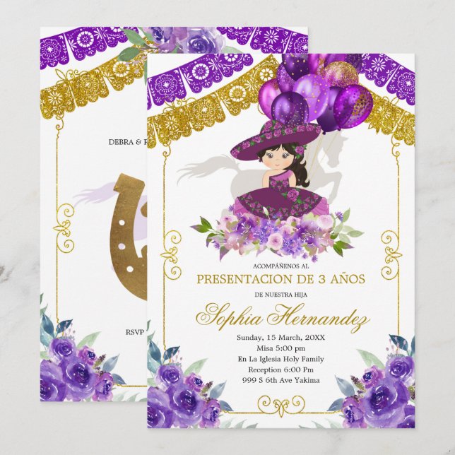 Mexican Purple and Gold Girl Charra Tres Anos  Invitation (Front/Back)