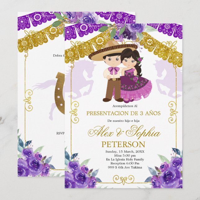 Mexican Purple and Gold Twin Tres Anos Invitation (Front/Back)
