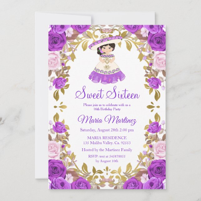 Mexican Purple Flowers Sweet 16 Birthday  Invitation (Front)
