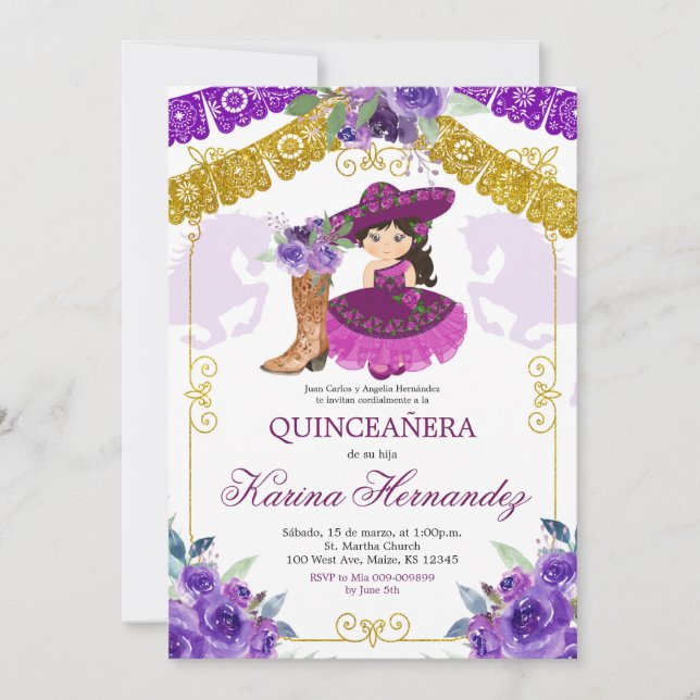 Mexican Purple & Gold Girl Boot Charra Mis Quince Invitation (Front)