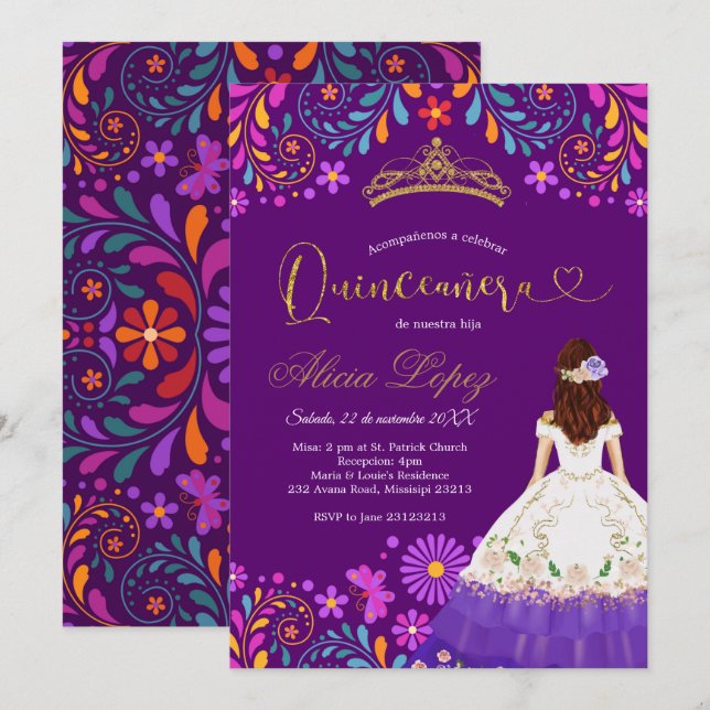 Mexican Purple Mis Quince Invitation (Front/Back)