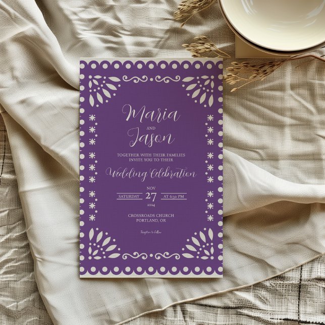 Mexican Purple Papel Picado Traditional Wedding Invitation (Mexican Purple Papel Picado Traditional Wedding Invitation)