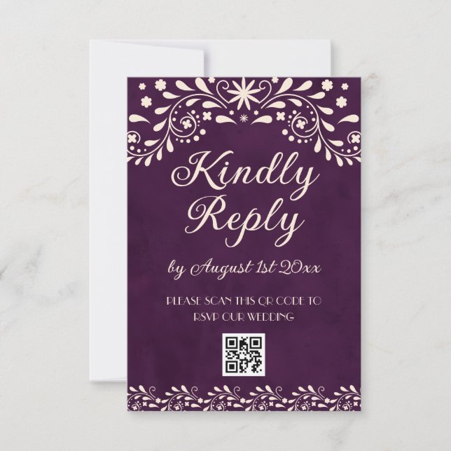 Mexican Purple Talavera Wedding QR code RSVP Card (Front)