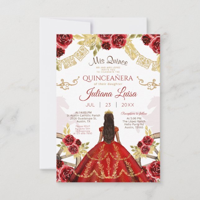 Mexican Quinceañera Floral Red Gold Charra Horses Invitation (Front)