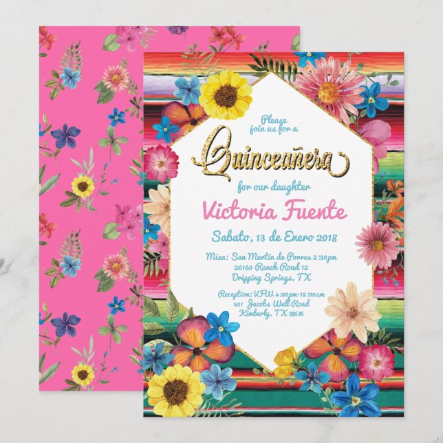 Mexican Quinceanera Party Gold Glitter Floral Invitation (Front/Back)
