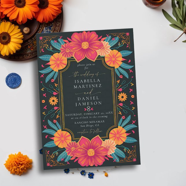 Mexican Rancho Elegant Bold Flowers Frame Wedding Invitation (rancho mexican wedding invitation fiesta hacienda watercolor floral frame elegant modern classy)