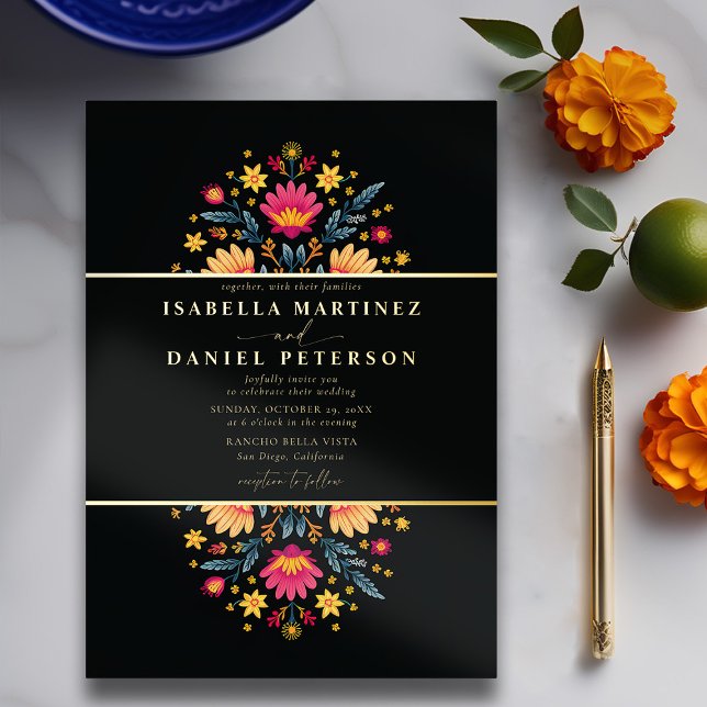 Mexican Rancho Modern Elegant Floral Wedding Gold (rancho mexican wedding invitation fiesta hacienda watercolor floral frame elegant modern gold)
