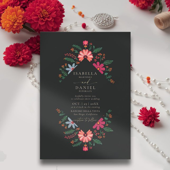 Mexican Rancho Modern Rustic Flowers Frame Wedding Invitation (rancho mexican wedding invitation fiesta hacienda watercolor floral frame elegant modern geometric)
