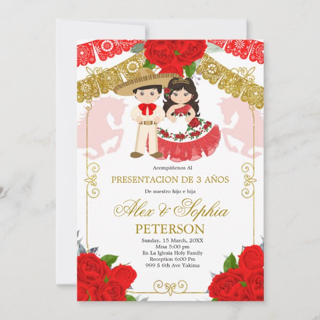 Mexican Red and Gold Roses Twin Los Tres Anos Invitation (Front)