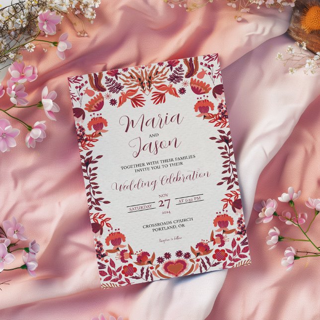 Mexican Red Burgundy Rose Floral Botanical Wedding Invitation (Mexican Red Burgundy Rose Floral Botanical Wedding Invitation)