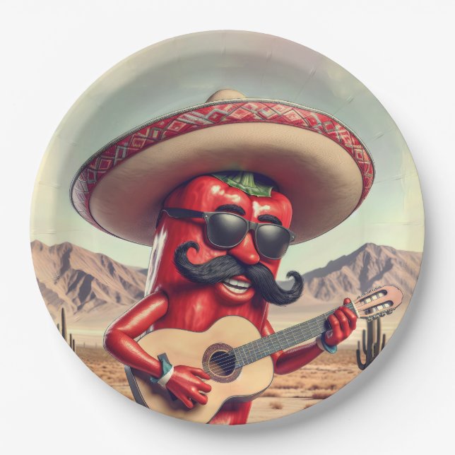 Mexican Red Chilli Pepper Guitar Player Paper Plate (Front)