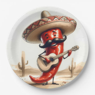 Mexican Red Chilli Pepper Guitar Player Paper Plate