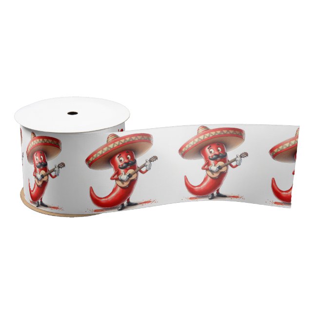 Mexican Red Chilli Pepper Guitar Player Satin Ribbon (Spool)