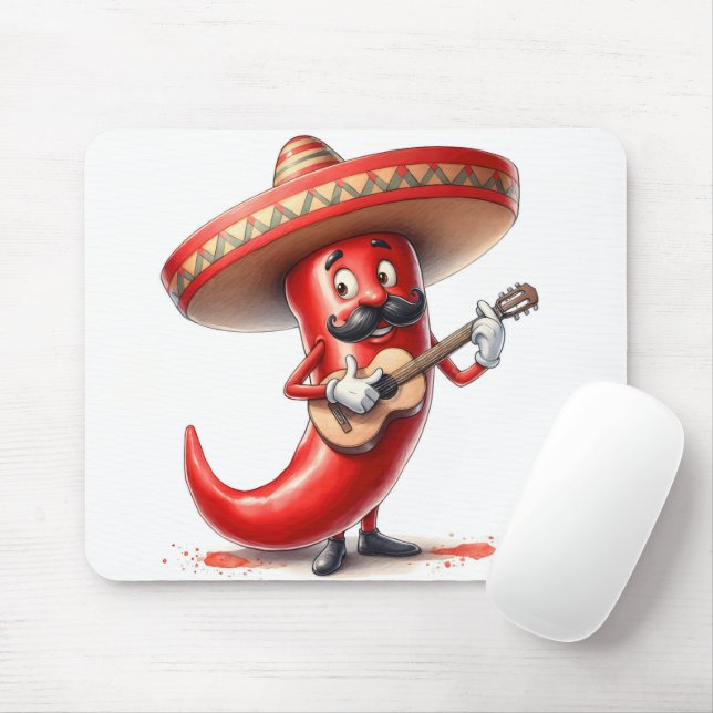 Mexican Red Chilli Pepper With Guitar Mouse Mat (With Mouse)