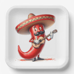 Mexican Red Chilli Pepper With Guitar Paper Plate