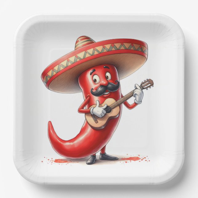 Mexican Red Chilli Pepper With Guitar Paper Plate (Front)