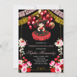 Mexican Red & Gold Girl Charra Balloon Mis Quince Invitation