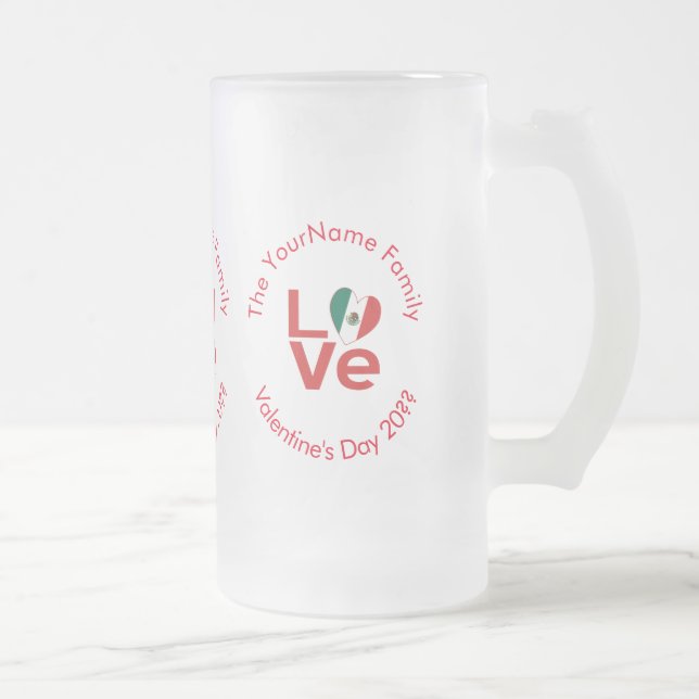 Mexican Red LOVE Flag Personalised  Frosted Glass Beer Mug (Right)