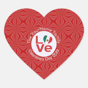 Mexican Red LOVE Flag Personalised  Heart Sticker