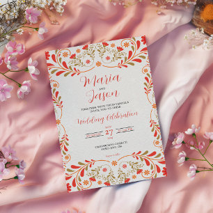 Mexican Red Orange Gold Floral Elegant Wedding Invitation