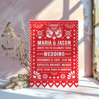 Mexican Red Papel Picado Fiesta Folk Art Wedding Invitation