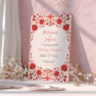 Mexican Red Pink Floral Aesthetic Romantic Wedding Invitation