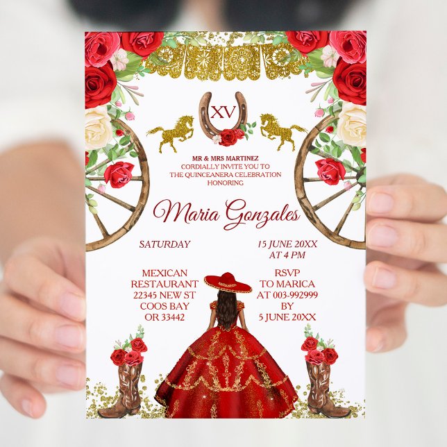 Mexican Red Rose Charra Mis XV Anos Invitation (Creator Uploaded)
