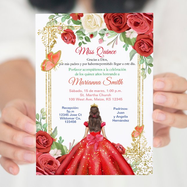 Mexican Red Roses  Butterfly Princess Quinceanera Invitation (Creator Uploaded)