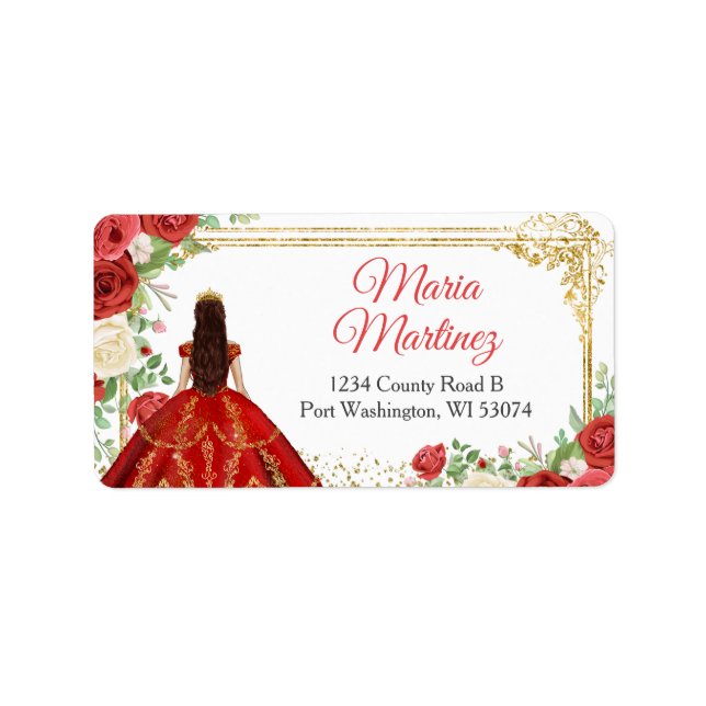 Mexican Red Roses Princess Quinceanera Address Label (Front)
