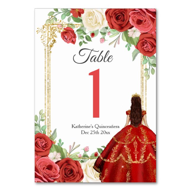 Mexican Red Roses Princess Quinceanera Butterfly Table Number (Front)