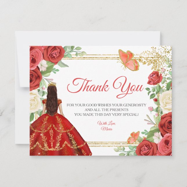 Mexican Red Roses Princess Quinceanera Butterfly Thank You Card (Front)