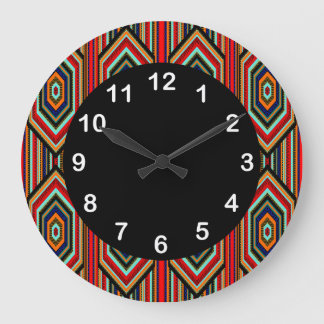 Mexican Red Teal Blue Orange Black Inca Stripe Large Clock
