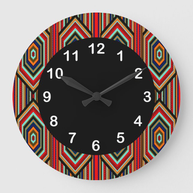 Mexican Red Teal Blue Orange Black Inca Stripe Large Clock (Front)