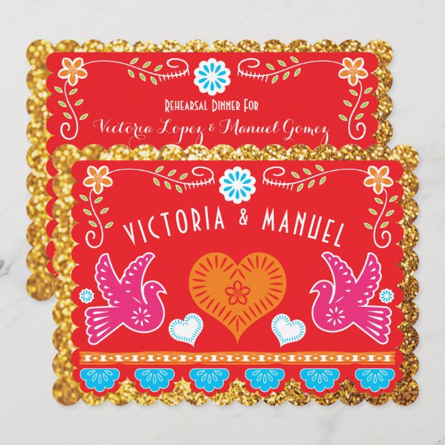 Mexican Rehearsal Dinner Papel Picado Gold Glitter Invitation (Front/Back)